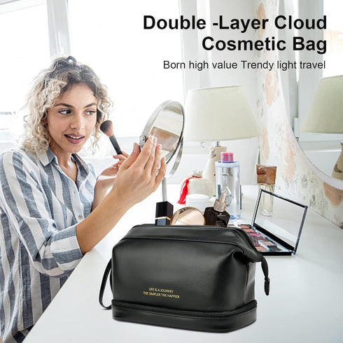 Travel Makeup Bag,Double Layer Cosmetic Bag,Large Zipper Pouch Makeup Organizer Bag,Waterproof Leather Makeup Bag,Portable Leather Toiletry Bag fo...