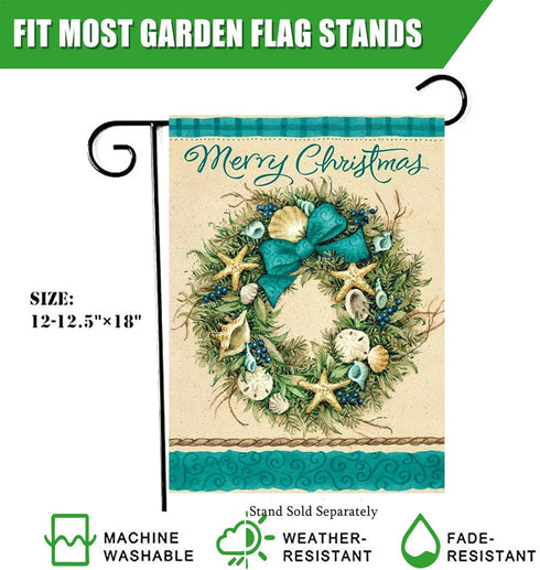 Merry Christmas Coastal Garden Flag, White Xmas Winter Home Decorative House Yard Outside Small Flag Seashell Starfish Wreath Beach Decor, Farmhou...