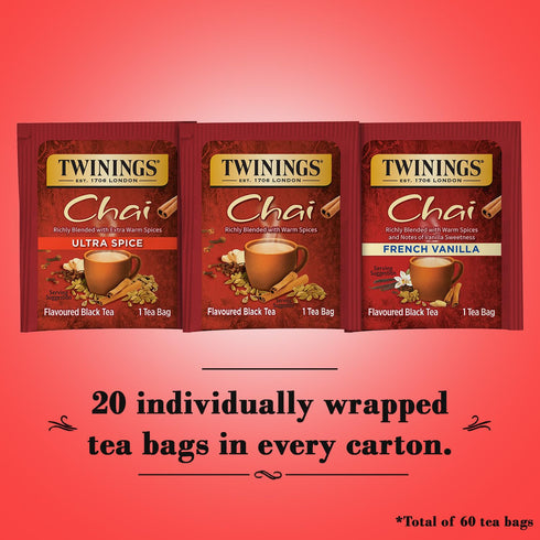 Twinings Chai Tea Variety 3-Pack – Chai, Ultra Spice Chai, and French Vanilla Chai, Caffeinated Black Tea Bags, 20 Count Each...