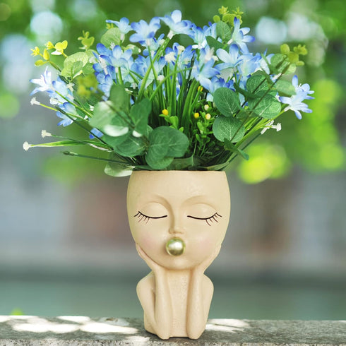 Planters for Indoor Plants Cute Lady Bubble Blowing Head Planter Resin Face Planters Flower Pot with Drainage Hole (Brown)...
