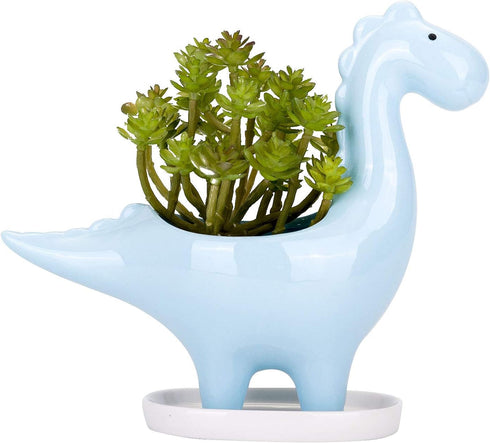 VanEnjoy Desktop Cute Cartoon Herbivorous Dinosaur White Ceramic Succulent Planter with Tray, Bonsai Cactus Flower Pot Vase Holder Decorative Orga...