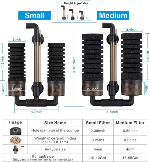 hygger Aquarium Double Sponge Filter, Comes with 2 Spare Sponges (S)...