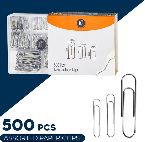 500 Pack Paper Clips by Luxurecourt - 3 Assorted Sizes of Silver Small and Large Paperclips Bulk, Rust-Resistant Nickel Plated Steel Clips, Essent...