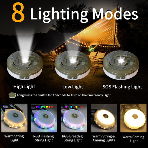 Camping String Lights 2 in 1 RGB & Warm String Lights 8 Lighting Modes Rechargeable String Lights Portable Camping Lights Camping Lantern Flashlig...
