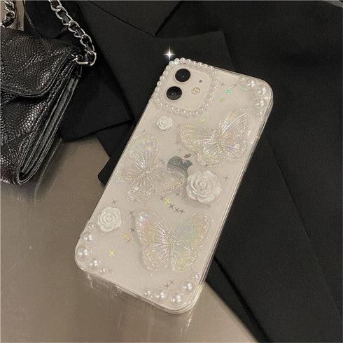 Fycyko Compatible with iPhone 7/8/SE 3D Butterfly Floral Clear with Design Aesthetic Women Teen Girls Glitter Pretty Crystal Sparkle Sparkly Cute ...