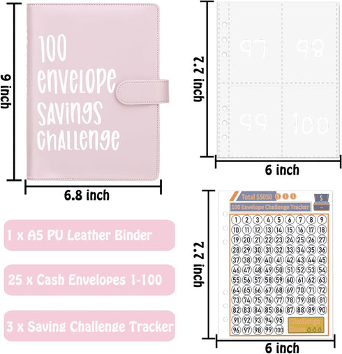 100 Envelopes Money Saving Challenge Binder, A5 Budget Binder with Cash Envelopes, Savings Challenges Book to Save $5,050, 10,000, 500, Budget Pla...