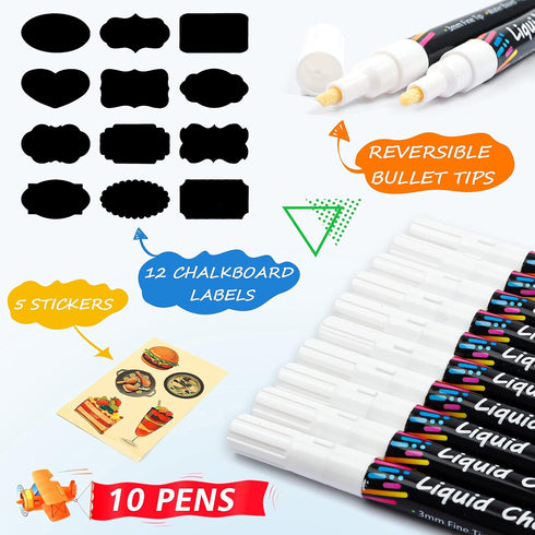 White Liquid Chalk Markers Set, Pack of 10 White Chalkboard Paint Pens with 12 Chalkboard Labels, 5 Stickers, Perfect for Chalkboards, Bistro Boar...