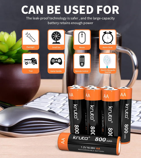 Kruta AA Rechargeable Batteries for Outdoor Solar 12 Pack, NiMH Double A Battery Pre-Charged 1.2V 800mAh Long Lasting Performance for Outdoor Sola...