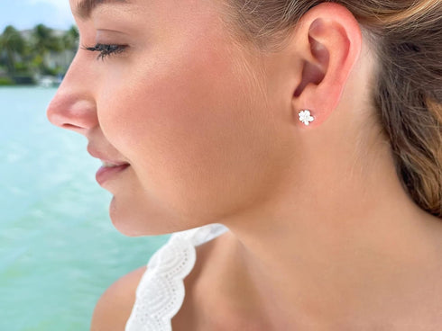 Hawaiian Silver Jewelry Plumeria Womens Stud Earrings – Hawaiian Flower Stud Earrings for Women – Sterling Silver Flower Earrings with CZ Stone – ...