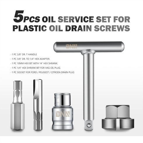 DNA MOTORING TOOLS-00141 5-Pcs Automotive Engine Oil Pan Drain Plug Disassembly Set - 1/4" & 3/8" Oil Service kit for Plastic Oil Drain Screws, Cr...