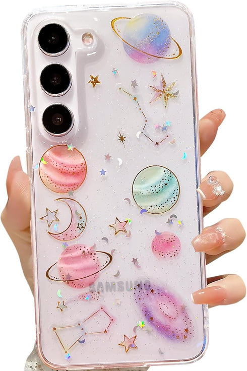 for Samsung Galaxy S23 Clear Case with Glitter Stars Planet Universe Design,Sparkle Bling Cute Slim Soft TPU Protective Women Girl's Phone Cover f...