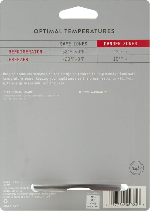 Taylor 5924 Large Dial Kitchen Refrigerator and Freezer Analog Thermometer, 3-Inch Dial, Easy to Read, Silver Finish, Accurate Temperature Monitor...