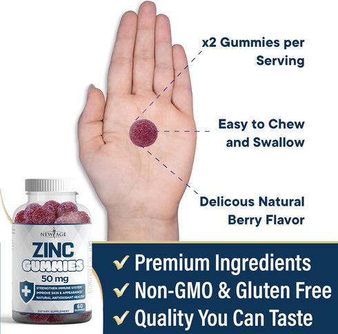 Zinc Gummies - 50mg High Immune Booster Zinc Supplement, Immune Defense, Powerful Natural Antioxidant, Non-GMO - by New Age (60 Count (Pack of 1))...