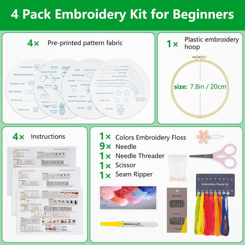 Enkor 4 Sets Embroidery Kit for Beginners Adults, Beginner Embroidery Kit for Adults, Embroidery Kit for Beginners Flowers Follow Instruction Vide...