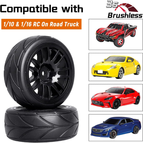 4-Pack 1:10 Scale RC On-Road Racing Tires and Wheels with Foam Inserts 12mm Hex Hub Fits for Traxxas Redcat Tamiya TT-02 (Color A)...