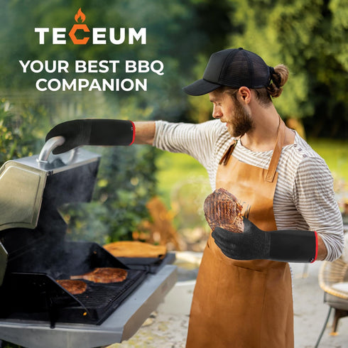 TECEUM BBQ Grill Gloves – Extreme Heat Resistant 1472 F – Extra Long Sleeve Protection – Non Slip Grip Oven Gloves for Barbecue, Grilling, Cooking...