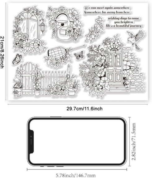 Door Fence Landscape Clear Stamps Large Size Flower Bird Cage Silicone Stamp Garden Blooming Scenery Stamps for Card Making DIY Scrapbooking Photo...