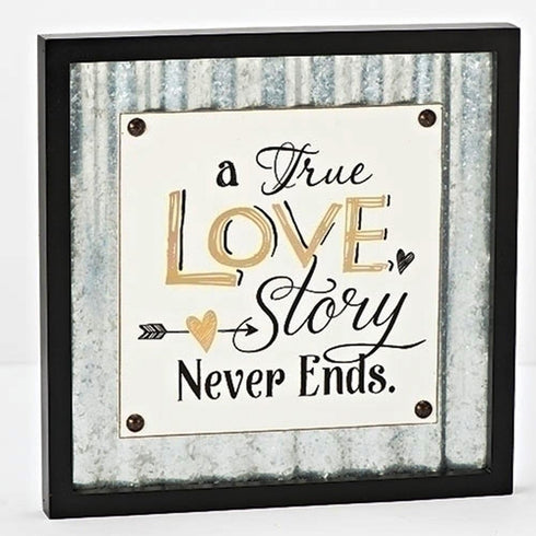 A True Love Story Never Ends 12 x 12 Wood and Metal Plaque Sign Decoration...