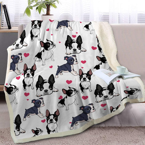 BlessLiving Boston Terrier & Frenchie Dog Plush Blanket - Red Heart Cute Puppy Dog Cozy Fleece Throw for Kids, Girls & Women - White - 50 x 60 Inc...