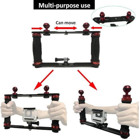 Aluminium Alloy Underwater Video Light Stabilizer Tray Dive Light Stand Tray with Two Aluminum Alloy 1'' Ball Handle for Action Camera and Any Oth...
