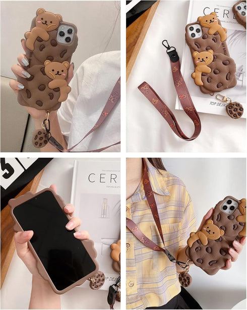 SGVAHY Case for iPhone 11 Pro Max with Strap Lanyard Keychain Cute Bear Cookie Kawaii Funny Soft Silicone Shockproof Protective Cover for Women Gi...