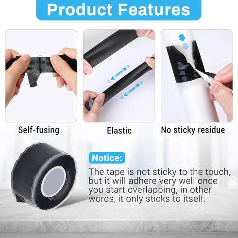Black Self Fusing Silicone Tape, 2 PCS 1" X 11.8 Ft Silicone Rubber Rescue Tape for Pipe Hose Repair Plumbers Stop Leaking Waterproof Silicone Gri...