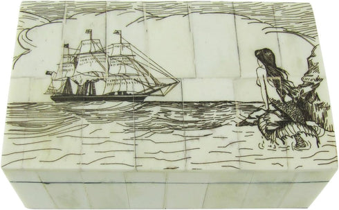 Fake Reproduction Scrimshaw Art Bone Mermaid Nautical Jewelry Box Treasure Chest...