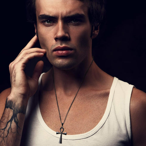 3 Pieces Men's Stainless Steel Ankh Pendant Necklace, Black, Gold, Silver...