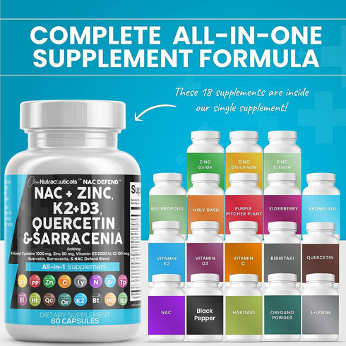 Clean Nutraceuticals NAC Supplement N-Acetyl Cysteine 1000mg Vitamin D3 K2 Zinc Quercetin 1000mg Sarracenia Purpurea 1000mg with Elderberry Holy B...