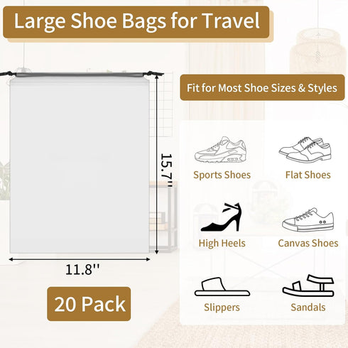 20 Pack Shoe Bags for Travel, 15.7" x 11.8" Clear Travel Shoe Bags for Packing, Large Waterproof Portable Drawstring Travel Shoe Storage Bag Trave...