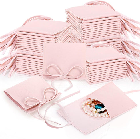 40 Pieces Microfiber Jewelry Pouch, 8 x 8 cm Jewelry Package Bags with String, Luxury Small Gift Bag, Pink Envelope Style Bracelet Packaging Bow T...