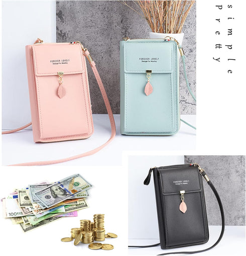 FuninCrea Crossbody Phone Bag, PU Shoulder Bag With Zipper, Mobile Phone Wallet Bags with Three Layers Metal Leaves...