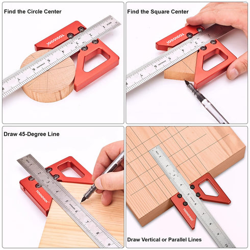 TOOLCOOL Circle Center Finder Tool Woodworking Centering Tool 45 Degree Angle Maker Draw Scribe Line Ruler Aluminum Alloy...