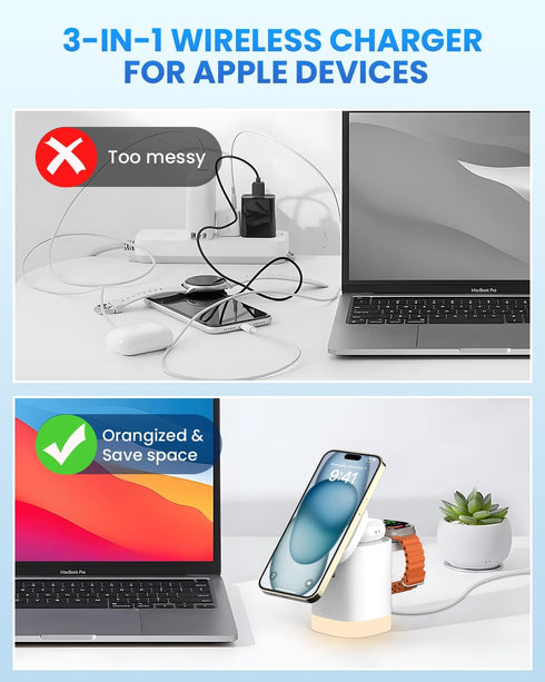 JoyGeek 3-in-1 Charger Stand for Magsafe: Foldable Wireless Charging Station with Night Lights - Magnetic Charger Dock for iPhone 15/14/13/12 Pro/...
