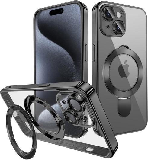 MANLENO Magnetic Case for iPhone 15 Case Magsafe with Invisible Kickstand Plating 10FT Shockproof Soft Rubber Clear Protective Phone Case (Black)...