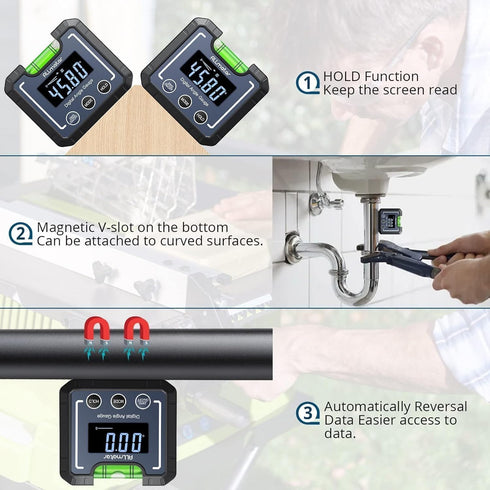 0-360°(4 * 90°) Digital Angle Finder Level Magnetic Electronic Gauge Inclinometer Protractor Tool with Bubble Level and Magnetic Base LCD Backligh...