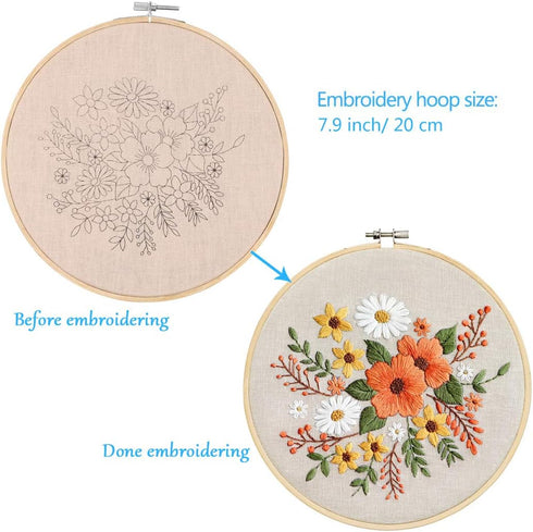 Embroidery Starter Kit with Pattern, Bamboo Hoop, Color Threads, Flaxen Fabric (Floral Design, Kid, Art Craft Kit)......