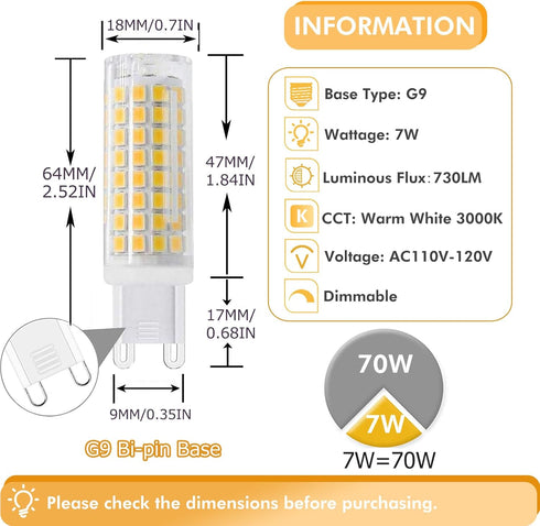 G9 LED Light Bulb 7W Dimmable G9 Bi-Pin Base 75W Halogen Equivalent, T3/T4 G9 LED Corn Bulb for Indoor Chandeliers Ceiling Fan Cabinet Decorative ...