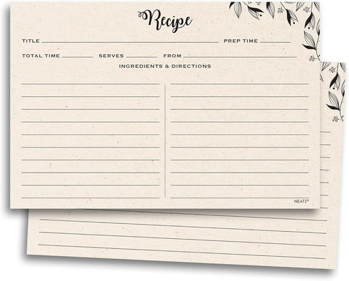 Spacious Recipe Cards 4x6” - 50 count, Double Sided. Thick Card Stock. Perfect for Recipe Box & Recipe Binder. Minimal Floral Kraft-Like Design...