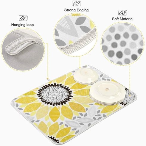 Sunflowers Dish Drying Mat for Kitchen, 16x18 Microfiber Mat Absorbent Reversible...