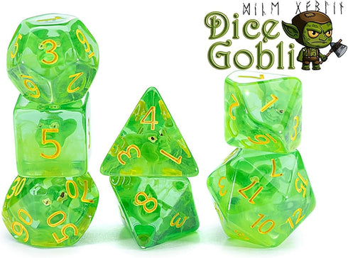 Gate Keeper Games and Dice: Inclusion Dice: Dice Goblin - 7pc Set, Transparent Green, Goblin Head Inclusion, 7 Resin Dice for Role Playing Games...