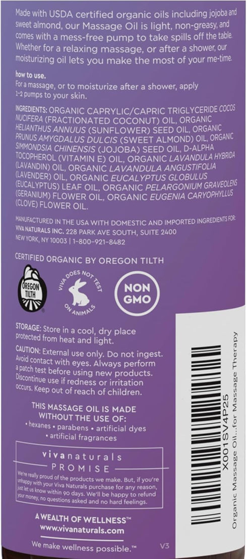 Viva Naturals Organic Massage Oil (8 fl. oz.) - Lavender Scented Relaxing Body Massage Oil for Massage Therapy - Perfect for Home Use & Profession...