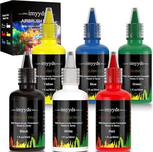 imyyds Airbrush Paint, 6 Color Acrylic Airbrush Paint Set, Water Based Read-to-Spray Air Brush Painting Set, Airbrush Spray Paint Kit for Papers, ...
