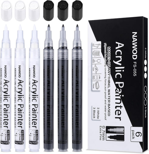 NAWOD Paint Pens White Black Acrylic Marker 6 Pack, Acrylic Permanent Marker, White Paint Pens for Rock Ceramic Wooden Leather Glass Painting Meta...