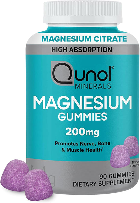 Qunol Magnesium Gummies for Adults, 200mg Magnesium Citrate High Absorption Supplement, Supports Nerve/Bone Health, Muscle Health, Vegetarian, 90 ...