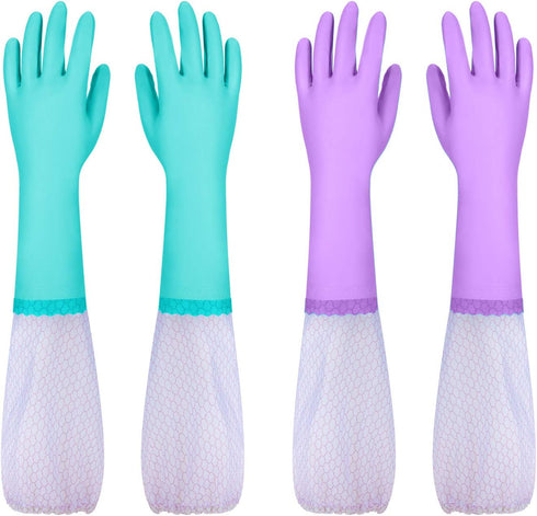 Reusable Long Sleeve Dishwashing Cleaning Gloves with Latex Free,Cotton Lining,Kitchen Gloves 2 Pairs,Purple+Blue M...