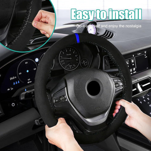 Car Steering Wheel Cover, Anti-Slip Auto Stitch on Wrap Steering Wheel Protector for Max Diameter 15 Inch, DIY Sewing with Needle Thread, Universa...