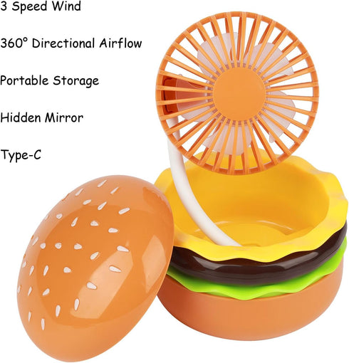 Portable Mini Desk Fan with Mirror, 3 Speeds Airflow, 360° Rotation, USB Rechargeable, Burger Shape Summer Gift Table Fan Handheld (Brown)...