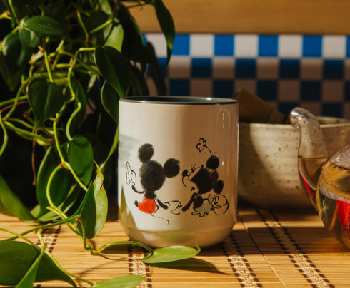 Disney Mickey and Minnie Mouse Watercolor Sunset Asian-Style Ceramic Tea Cup | Traditional Japanese-Inspired Mug Without Handle | Holds 9 Ounces...