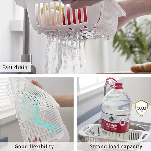 MineSign Extendable Over the Sink Colander Fruits and Vegetables Drain Basket Adjustable Food Strainer Sink Washing Basket for Kitchen (Blue)...
